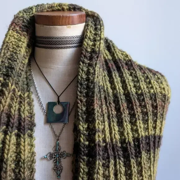 Vintage Chunky Knit Green Striped Scarf Earthy Jewel Tone Grunge Handknit Wrap